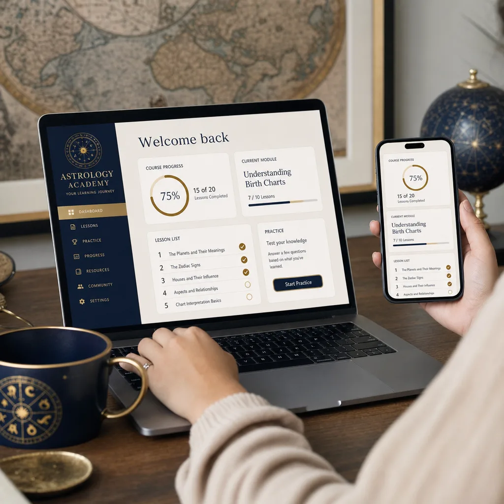 Inside the program: course dashboard with modules, lessons and reference guides